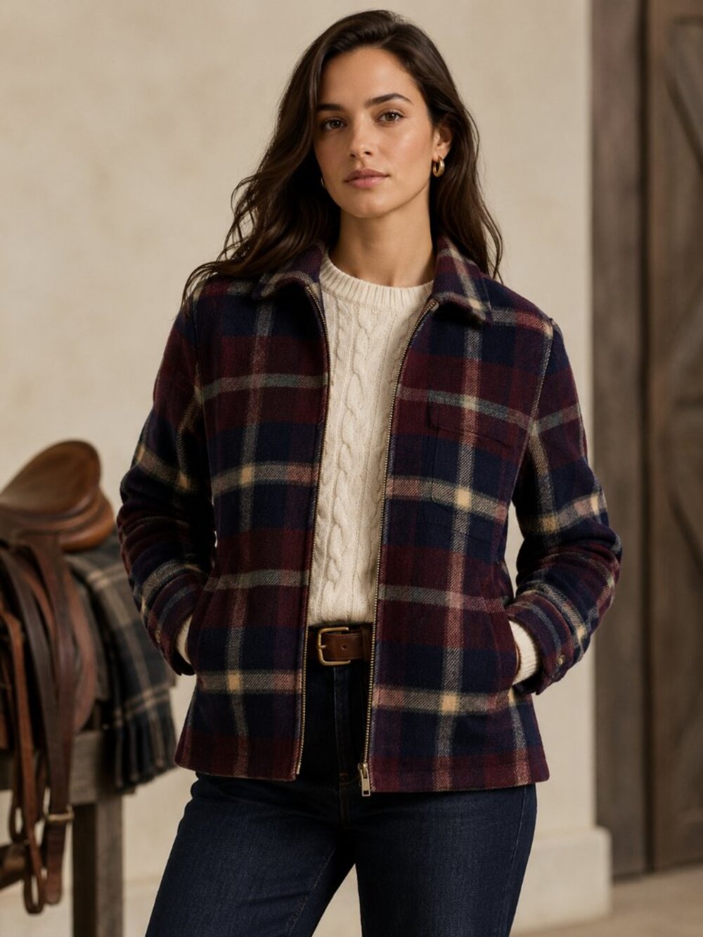 Lauren Ralph Lauren 100% Lambswool Plaid Zip Jacket Womens L Burgundy Navy